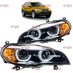 Reflektory do BMW X5 (E70) 2008-2010 przed liftingiem (czarne / przezroczyste) Xenon D1S/PY21W 3D LED Angel Eyes