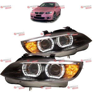 Reflektory do BMW 3 (E92) Coupe 2007-2010 przed liftingiem (czarne / przezroczyste) Xenon D1S/H3 3D U LED Angel Eyes