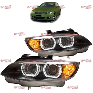 Reflektory do BMW 3 (E92) Coupe 2007-2010 przed liftingiem (czarne / przezroczyste) Xenon D1S/H3 3D U LED Angel Eyes
