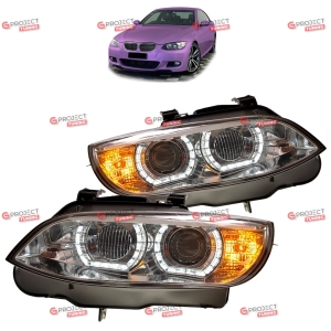 Reflektory do BMW 3 (E92) Coupe 2007-2010 przed liftingiem (przezroczyste / chromowane) Xenon D1S/H3 3D U LED Angel Eyes