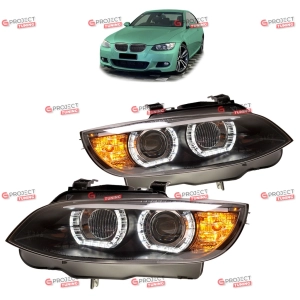 Reflektory (wersja RHD) do BMW 3 (E92) Coupe 2007-2010 przed liftingiem (czarne / przezroczyste) Xenon D1S/H3 3D U LED Angel Eyes