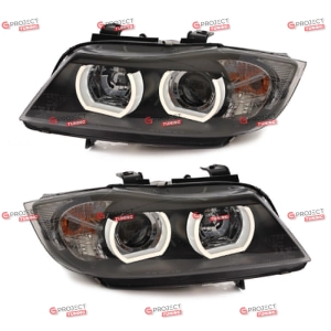 Reflektory (wersja RHD) do BMW 3 (E91) Touring 2005-2012 (czarne / przezroczyste) H7/Halogen 3D U LED Angel Eyes