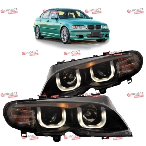 Reflektory do BMW 3 (E46) Touring 2001-2005 po liftingu (czarne / przezroczyste) H7/H1/Halogen 3D U LED Angel Eyes