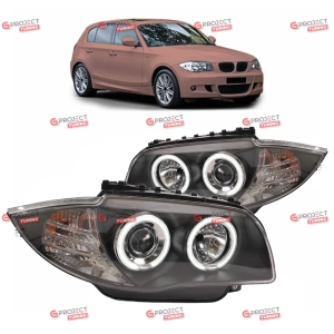 Reflektory do BMW 1 (E87) Hatchback 2004-2011 (czarne / przezroczyste) H7/H7/Halogen CCFL Angel Eyes