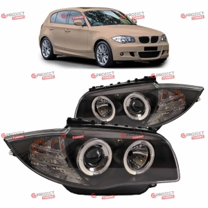 Reflektory do BMW 1 (E87) Hatchback 2004-2011 (czarne / przezroczyste) H7/H7/Halogen Angel Eyes