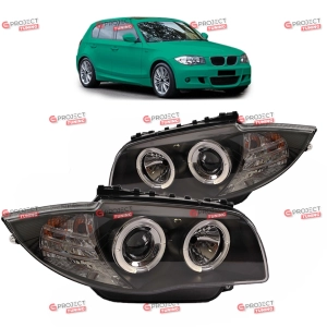 Reflektory (wersja RHD) do BMW 1 (E87) Hatchback 2004-2011 (czarne / przezroczyste) H7/H7/Halogen Angel Eyes
